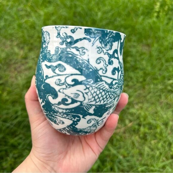 Anthropologie Homegrown Blue White Fish Floral B Monogram Mug Bohemian Coastal - Picture 3 of 8